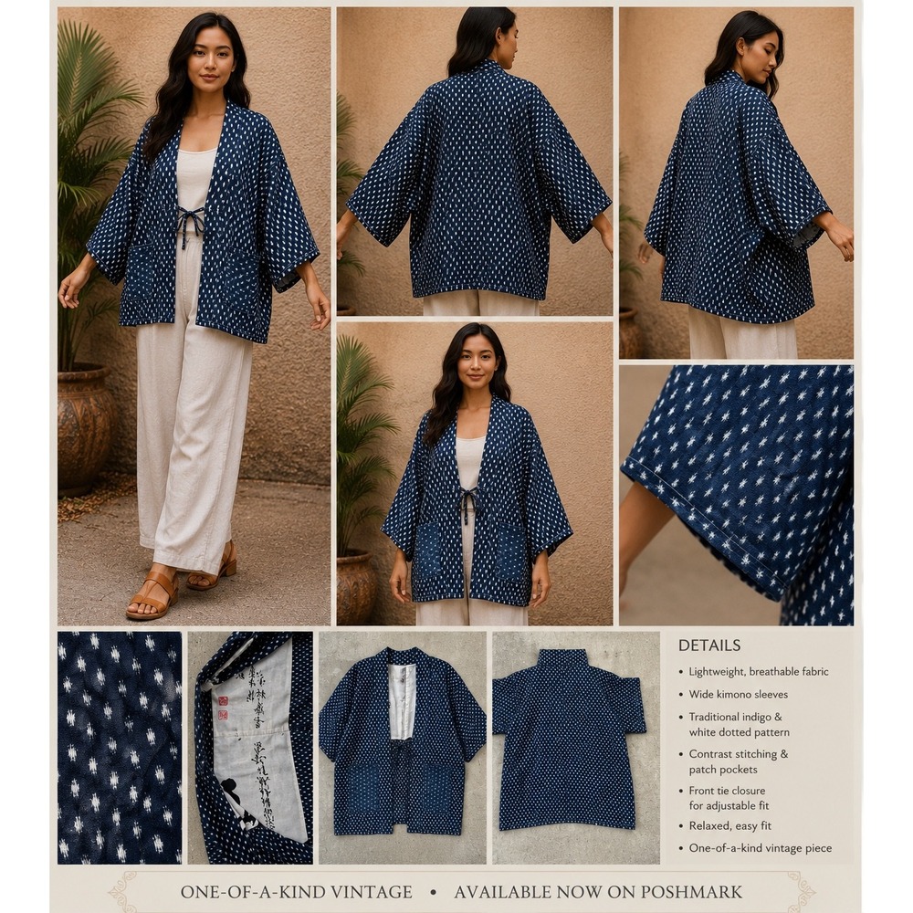 Vintage Japanese Indigo White Dotted‎ Kimono Jacket Haori Relaxed Fit Tie Front